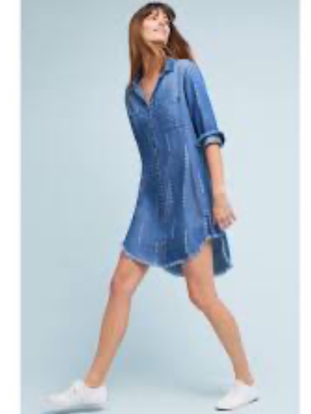 Anthropology Cloth & Stone Blue Denim High-Low Shirt Dress Ling Sleeve Size S